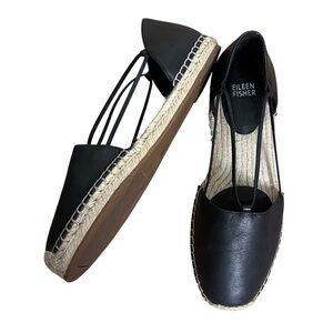 Eileen Fisher Black Leather Strappy Espadrille ‘Lee’ Flats Size 8.5
